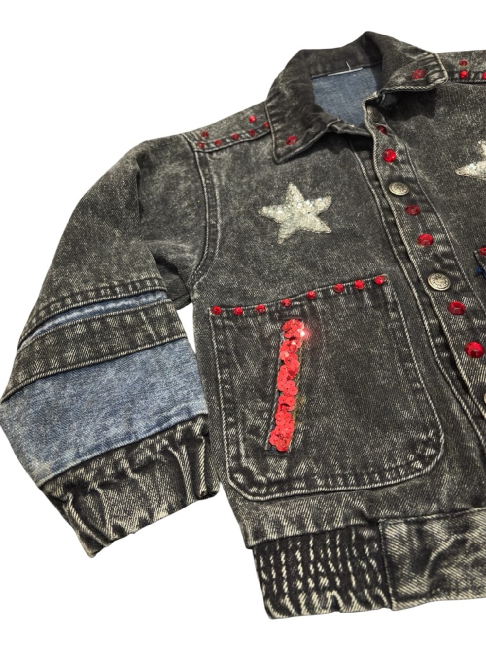Levi’s Vintage 90s Kids Jean Jacket Black Acid Wash Size 4T Sparkly Star Patches - Picture 3 of 9